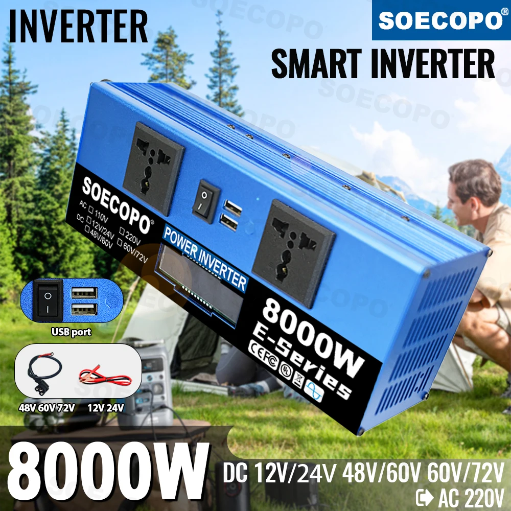 

SOECOPO 8000W Dual Voltage Car Inverter DC 12V/24V 48V/60V 60V/72V to AC 220V 2 USB Ports 2 Sockets Voltage Converter Camping RV