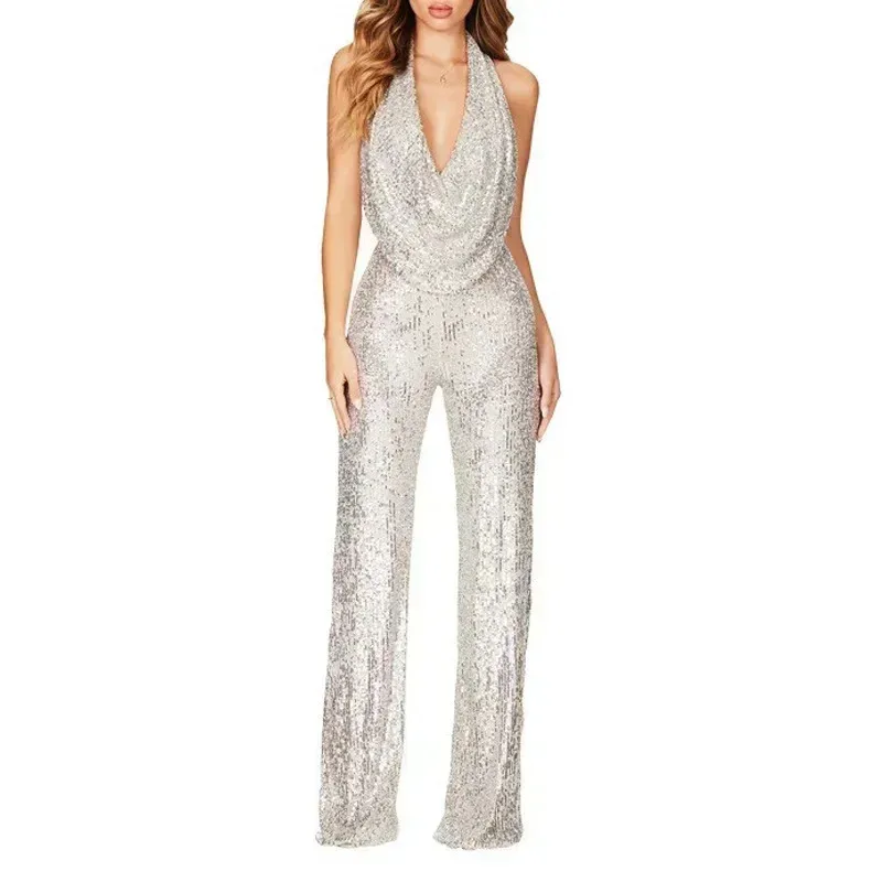 

Sequins Jumpsuits Women Sexy Halter Sleeveless High Waist Straight Rompers Elegant Party Street Fashion Summer 2026