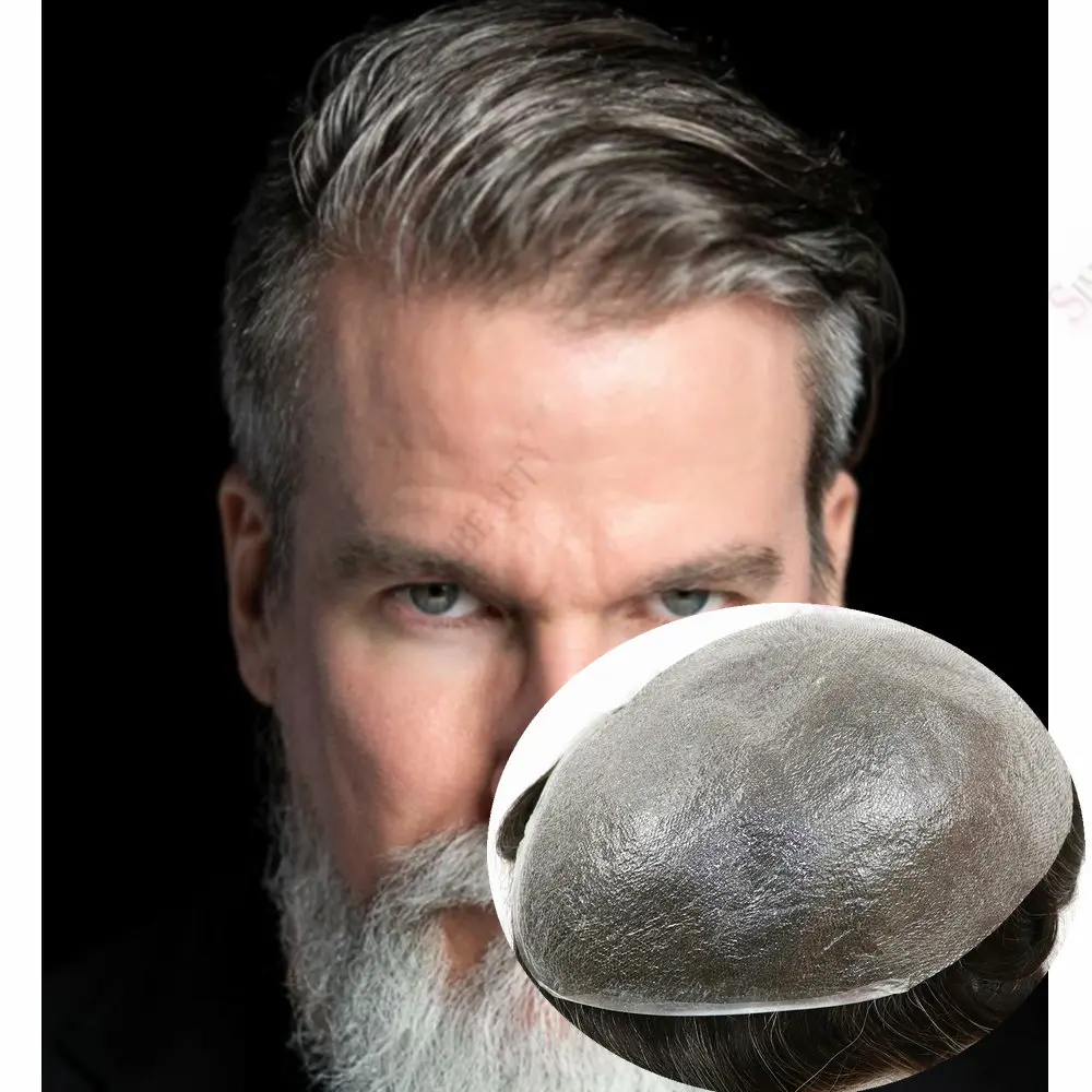 

Light Weight 0.02mm Thin Skin 80%Density Human Hair Men Toupee 1b20 520# Black Grey Toupee For Men Wigs Replacement Systems