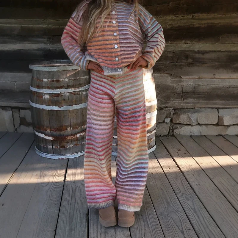 Autumn Winter New Women's Warm Suits Vintage Gradient Printed Sweater Coat&Pants Sets Elegant Casual Loose Knitted Commute Sets