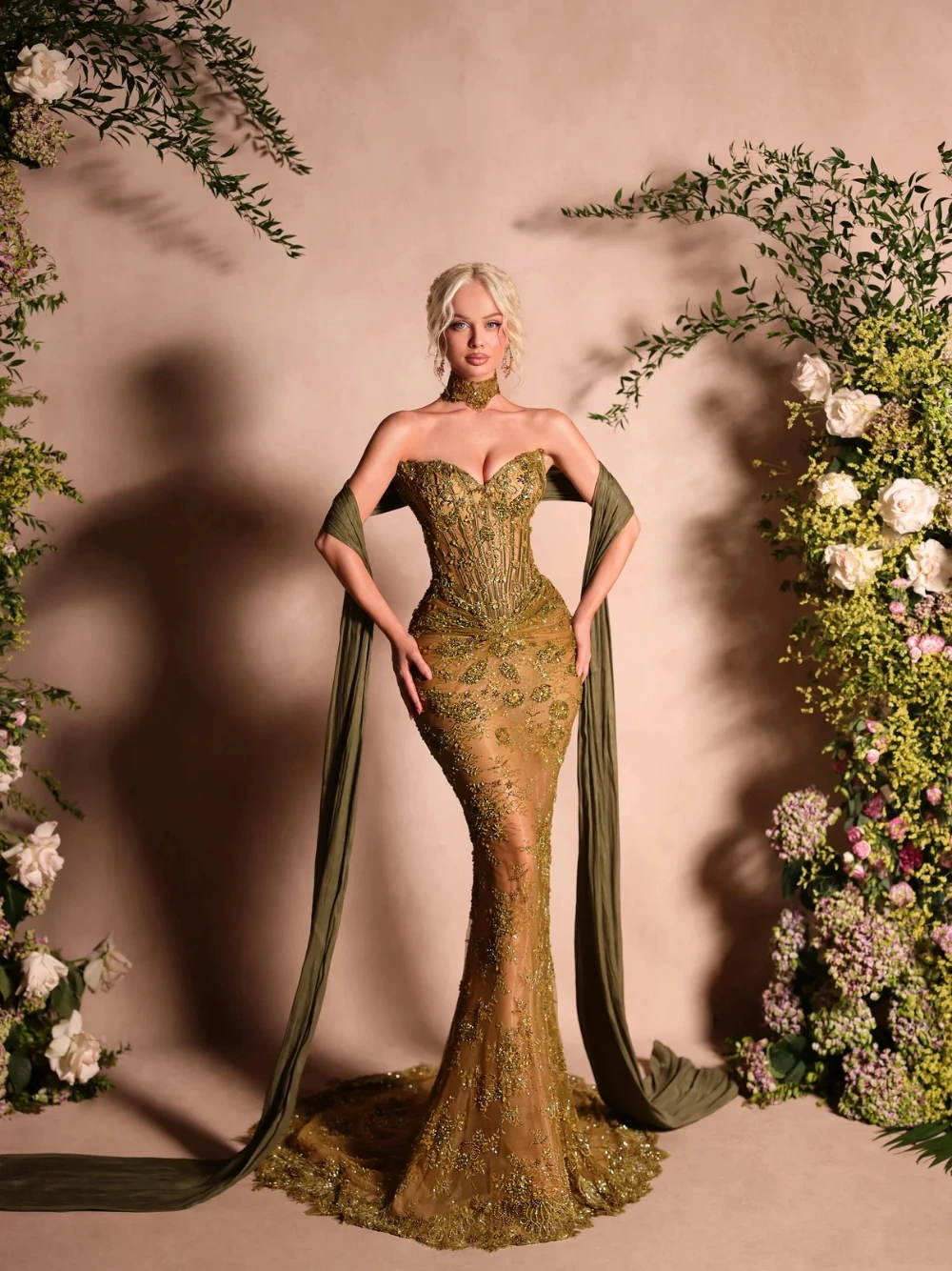 Newest Olive Gold Beaded Mermaid Evening Dress Elegant Shimmering Corset Bodice Prom Gown With Shawl Customized Fashion Wear