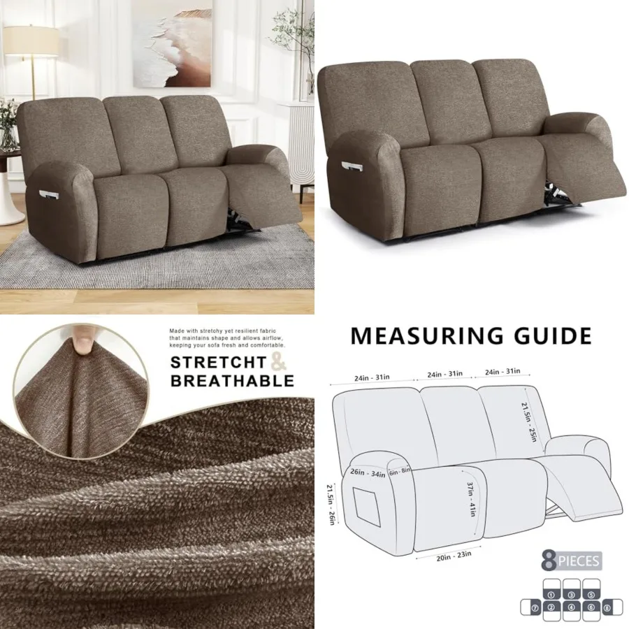

Recliner Chair Covers 8 Pcs Stretch Couch Covers Slipcovers Furniture Protector with Stripe Jacquard Washable for Pets