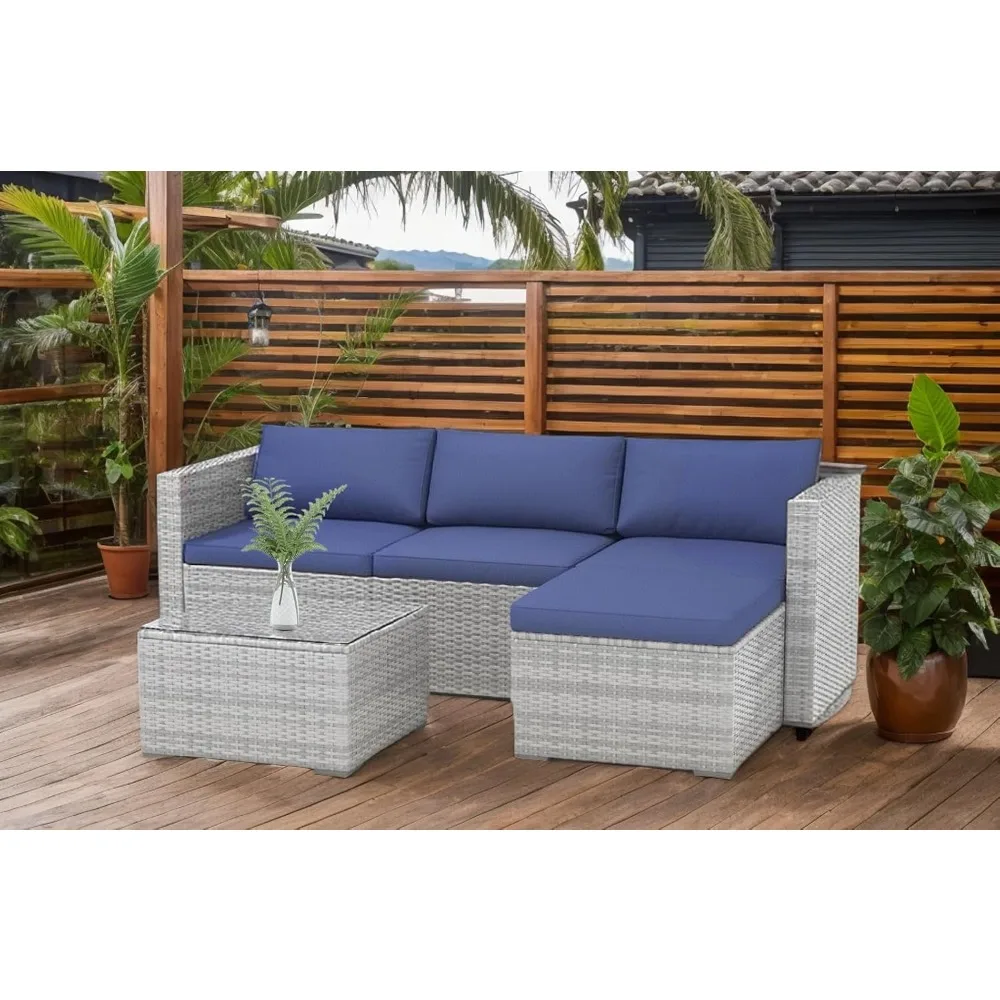 

5-Piece Outdoor PE Wicker Patio Furniture Set, Water-Resistant Sectional Sofa With Plush Cushions, Tempered Glass Coffee Table &