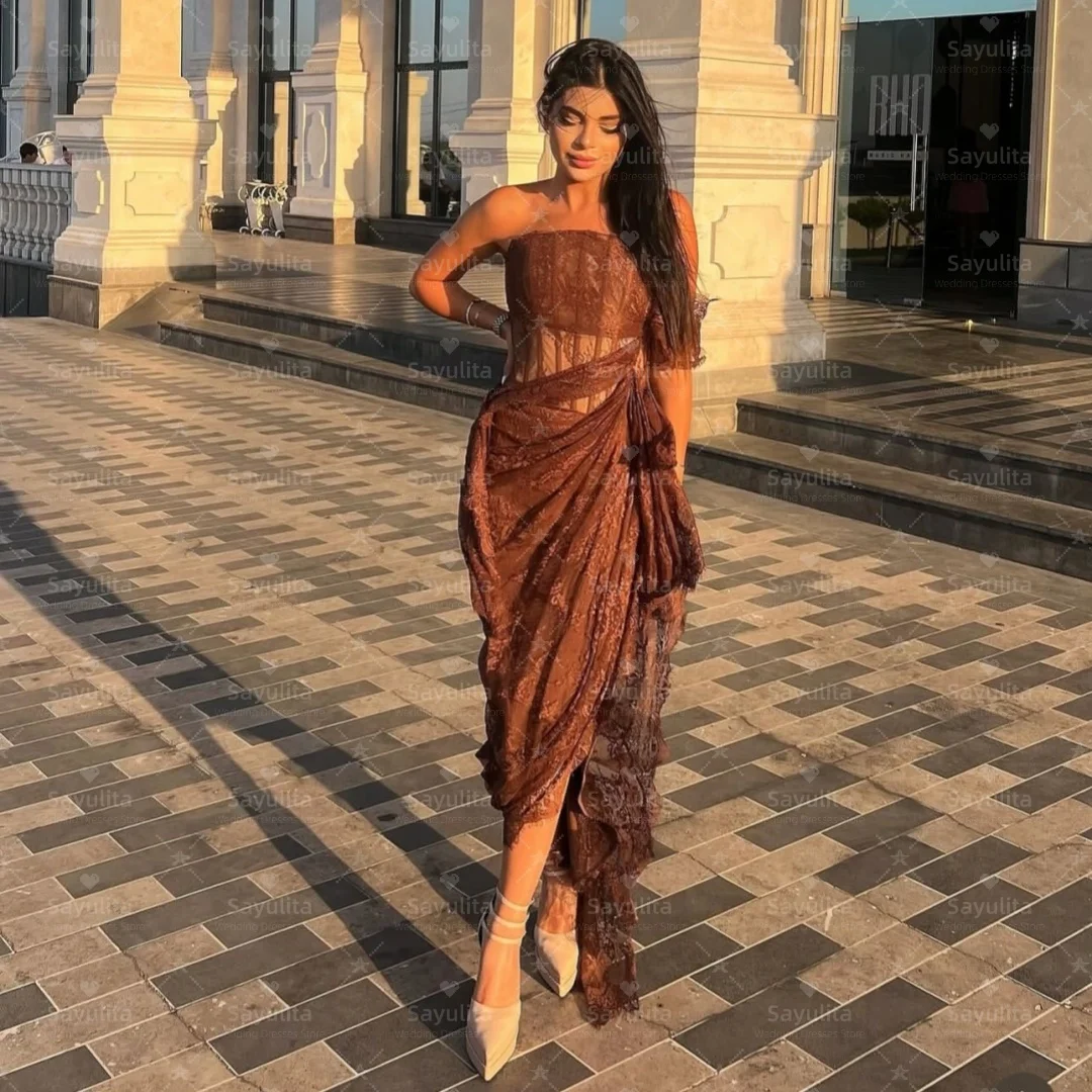 Sayulita فساتين لحضور الحفلات الموسيقية بدون حمالات بكتف واحد فستان سهرة مكشكش بفتحة جانبية من الدانتيل فساتين حفلات مسائية مخصصة #4