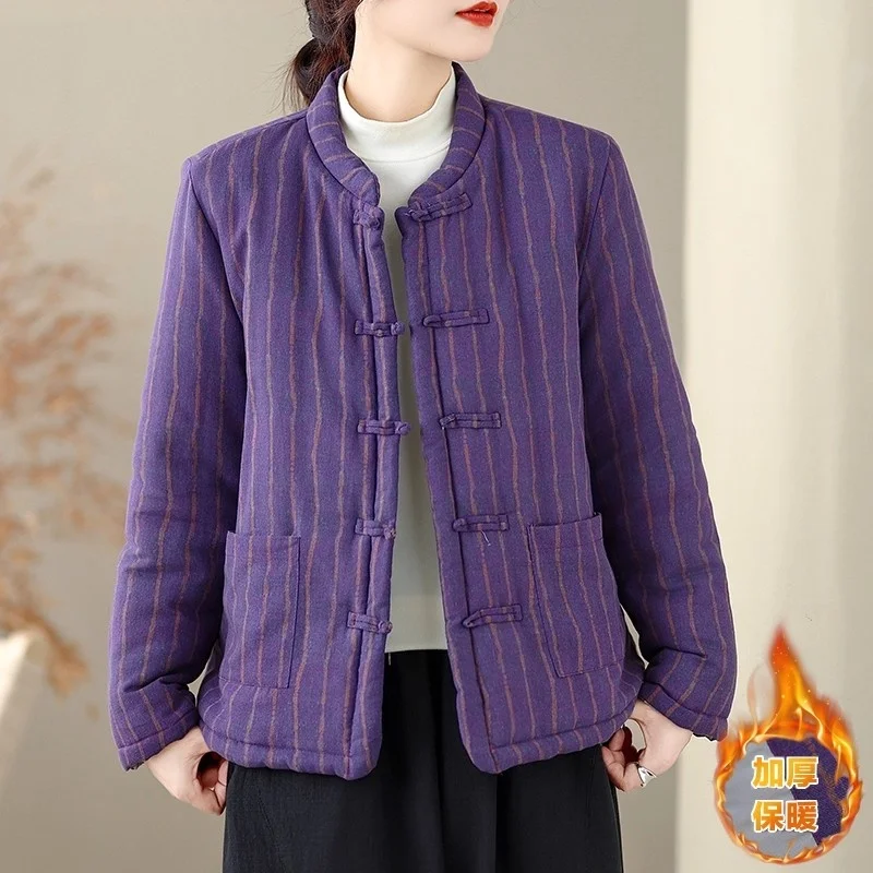 

Высококачественная полосатая стеганая куртка в китайском стиле, женское однобортное хлопковое пальто с воротником-стойкой, осенне-зимний топ Hanfu w1215