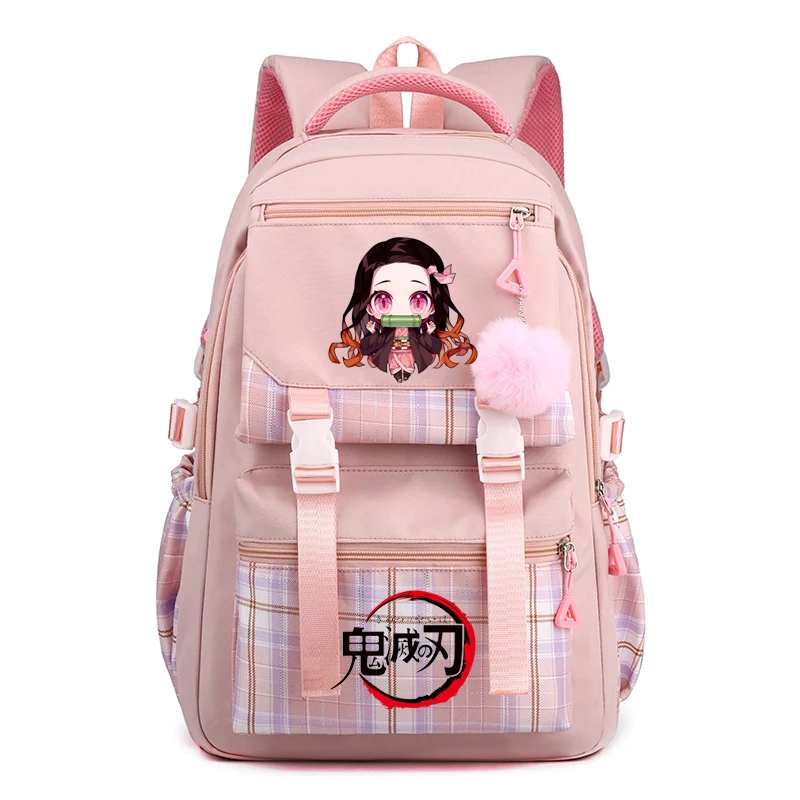 Demon Slayer Nezuko Backpacks Plaid multi-pocket Women Girls Laptop School Bags Lightweight Travel Outdoor Mochilas