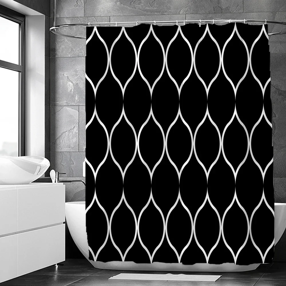 Black and White Geometric Pattern Shower Curtains Waterproof Fabric Bathroom Curtain with Hooks 180x180cm Toilet Bath Screen