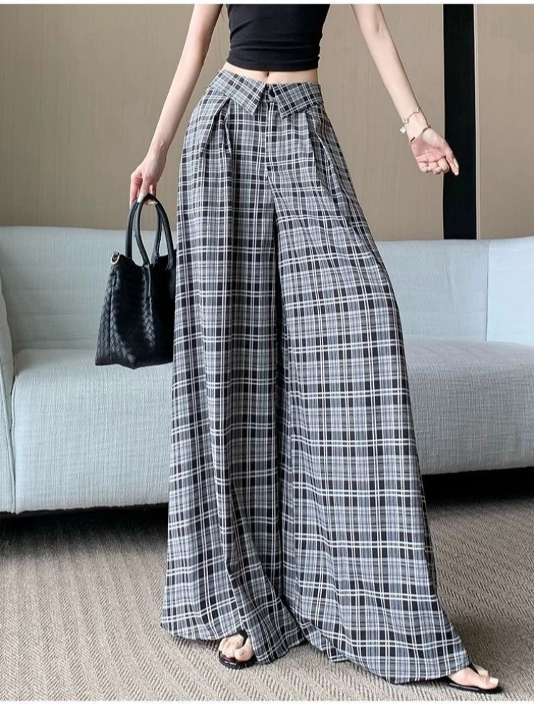 2025 Women's Vintage Plaid Wide Leg Pants - High Waist Pleated Palazzo Trousers, Fashion Streetwear for Spring Autumn