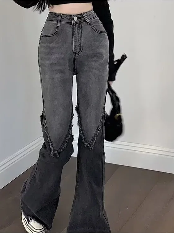 

Джинсы женские с высокой талией, расклешенные, весна-осень, больших размеров, утягивающие, с широкими штанинами, винтажный дизайн, цветной блок, модель S...