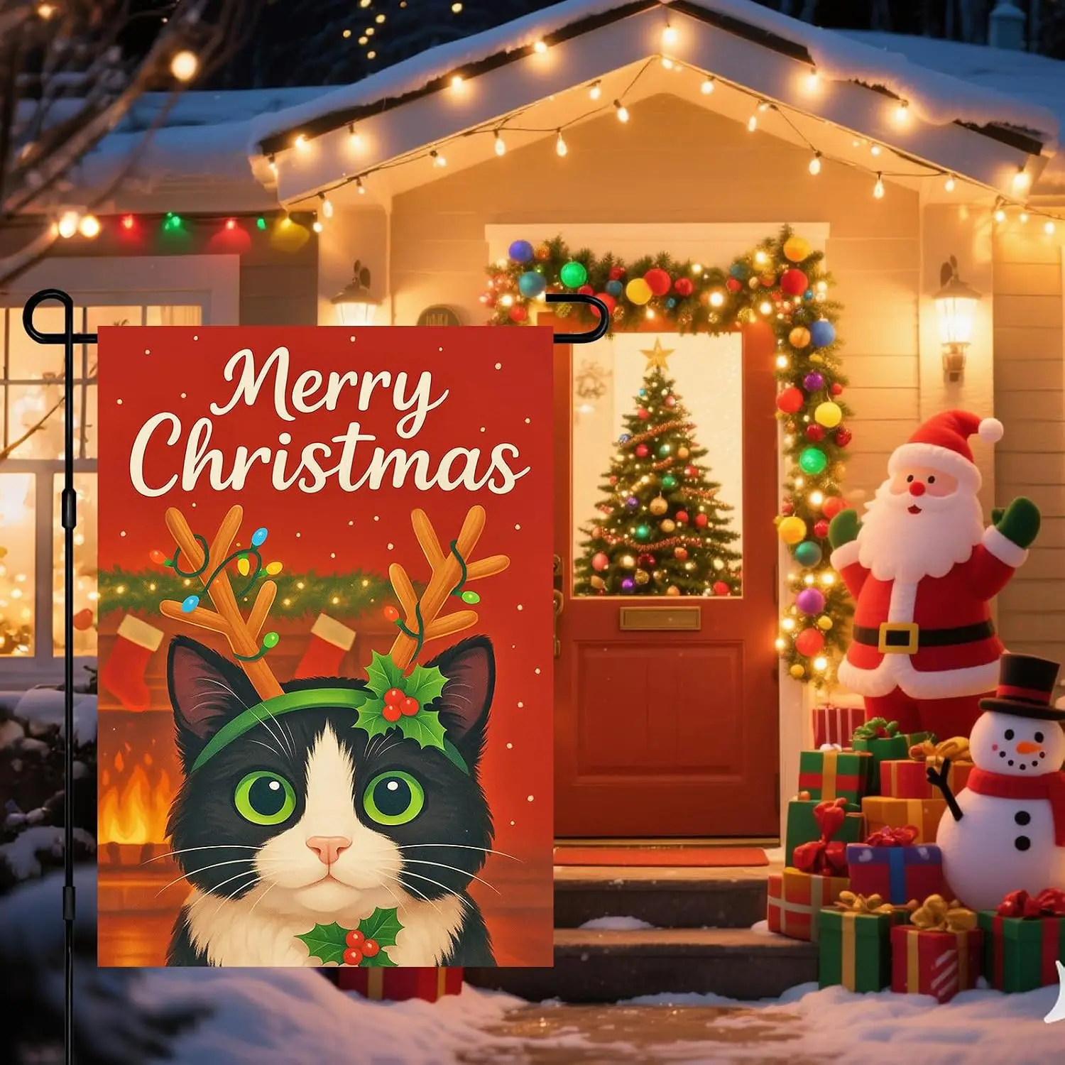 Merry Christmas Garden Flag 12x18 Inch Christmas Cat Double Sided Yard Flag Holiday with Tuxedo Cat Antler Lights Holly