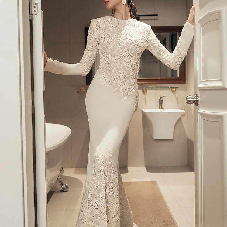 Vintage Elegant Fishtail Long Dress Women Slim Fit Lace Embroidery Bodycon Midi Dresses Spring Summer