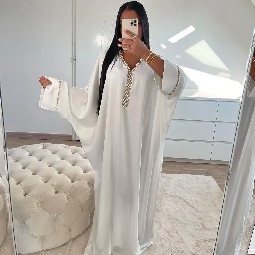 

Muslim Party Dress Satin Bat Sleeve Abaya Luxury White Diamond Ramadan V Neck Abayas for Women Dubai Kaftan Caftan Robe Jalabiya