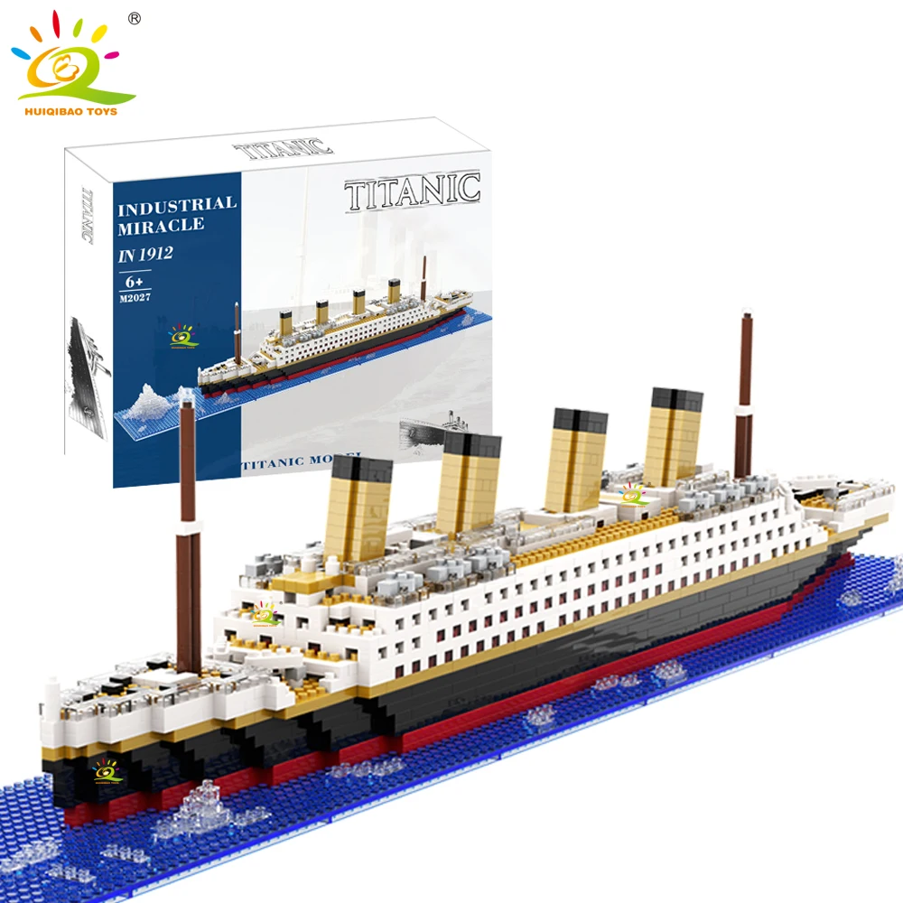 HUIQIBAO MOC Titanic Giant Ocean Iceberg Adventure Navigation Boat Small Particle Building Blocks Kid Micro Bricks Toy for Adult