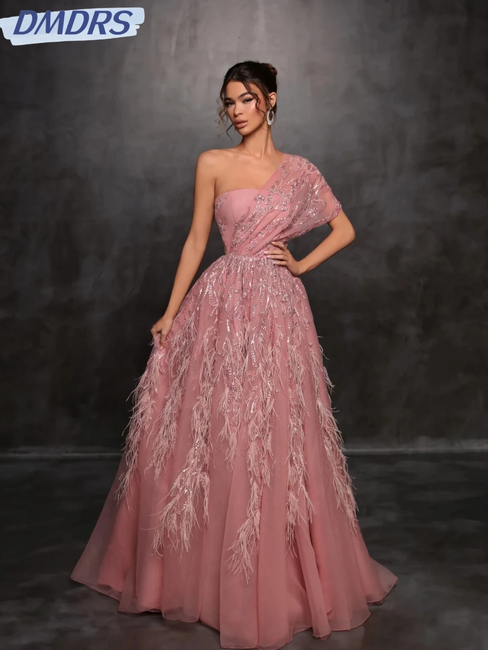 

Pink Beaded Feathers Long Evening Dress Modern One Shoulder Wedding Party Gown Customized Luxurious Elegant A-line Prom Dresses