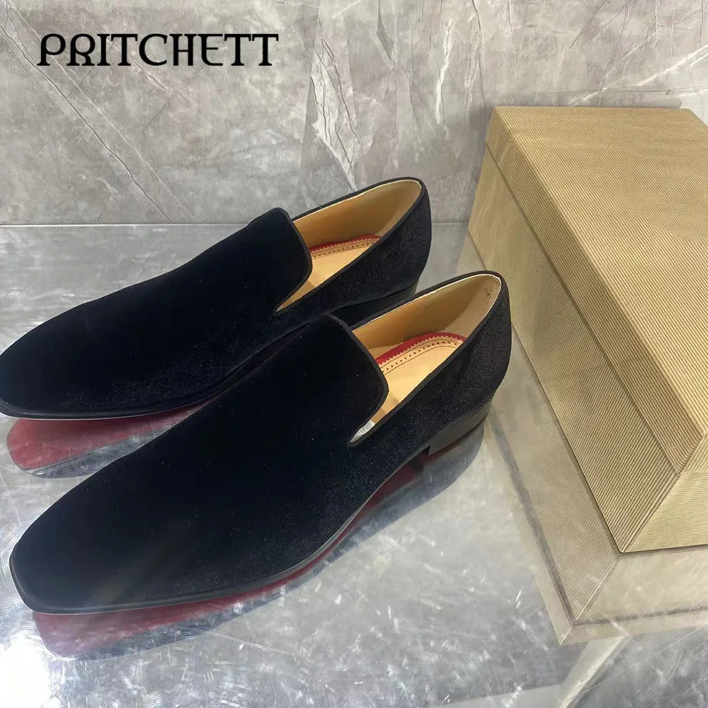 Black Suede Loafers Slip-On Square Toe and Square Heel Casual Shoes Simple Comfortable and Fashionable Large Size Men's Shoes