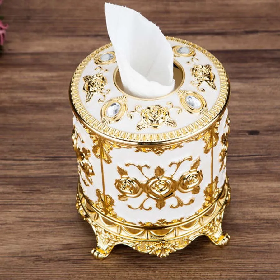 1PC Cylindrical Tissue Box for Dining Home Desktop Roll Tissue Organizer Living Room Decoration Luxury Gold Trimmed Roll Tissue