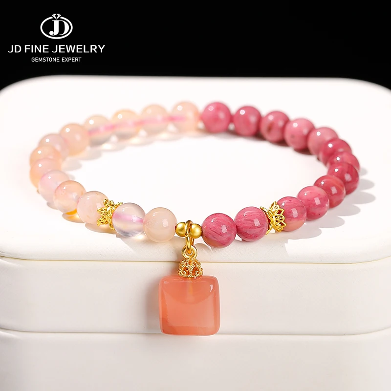 JD Natural Stone Rhodonite Cherry Agate Bead Square Pendant Bracelet Women Luxury Design Charm Stretch Bangles Ladies Jewelry