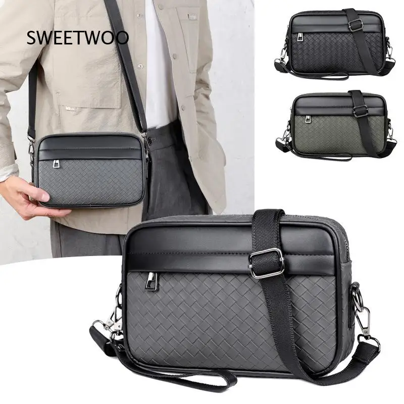 Men Woven Pattern Faux Leather Small Crossbody Bag Casual Square Shoulder Bag Minimalist Daily Messenger Bag