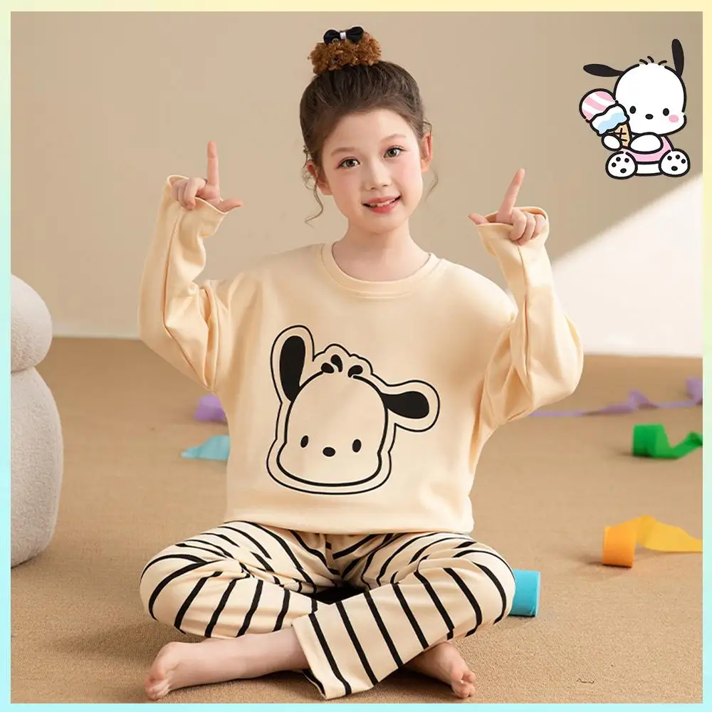 Anime Sanrios Pochacco Kuromi Melody Kids Pajamas Round Neck Long Sleeve Tops Kawaii Spring Cartoon Girl Cute Homewear Sleepwear