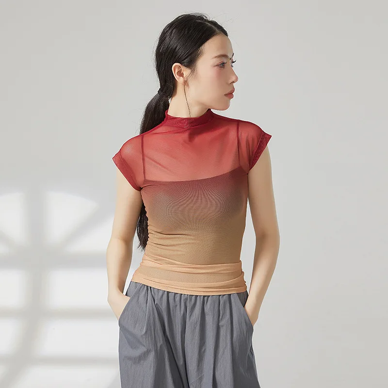 top-de-gaze-sem-mangas-para-mulheres-camisa-transparente-em-gradiente-gola-alta-roupa-moderna-classica-para-pratica-de-ballet-nova