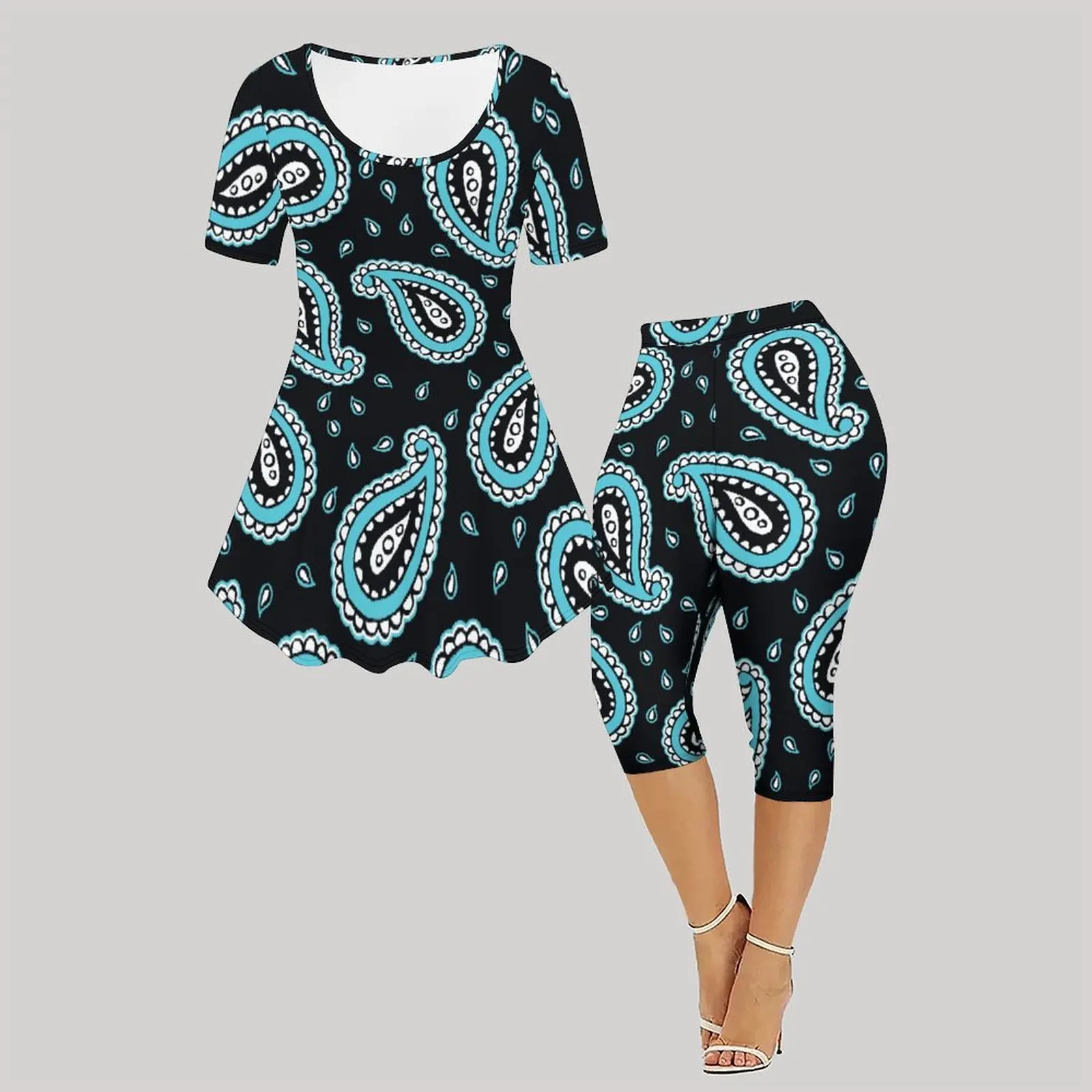 2pcs Fashion Leggings Set Women's Daily Top Slim Sport Pants Ladies Printed Pants Casual Jogger Pants Round Neck Short Sleeve