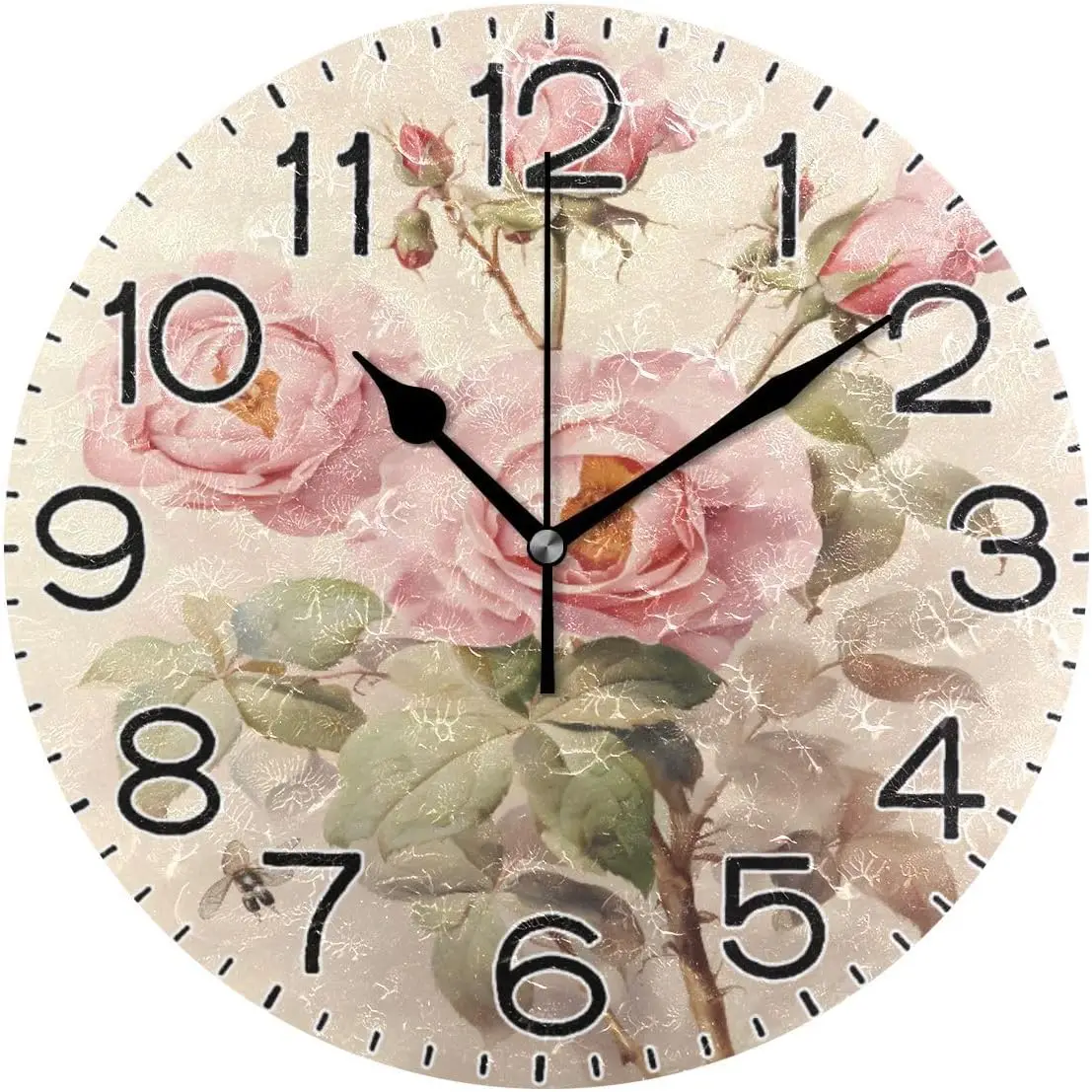 Pink Rose Flowers Wall Clock Battery Operated Non Ticking Silent Quartz Analog Rustic Farmhouse Round Clock Retro Decor for Home