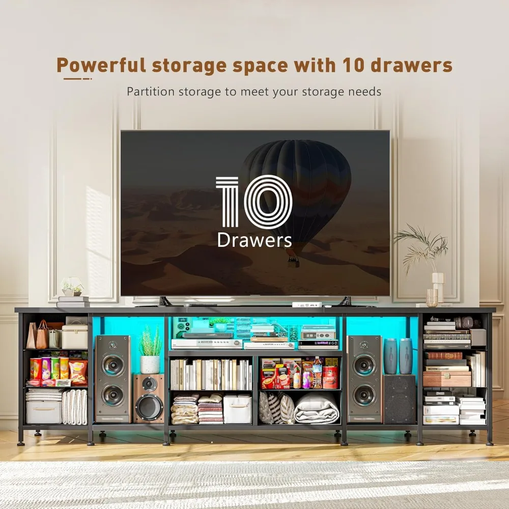 Suporte de TV de 75, 80, 85 polegadas, com 10 gavetas de tecido, centro de entretenimento de 75,5 W com luzes LED e tomadas de energia, suportes de TV