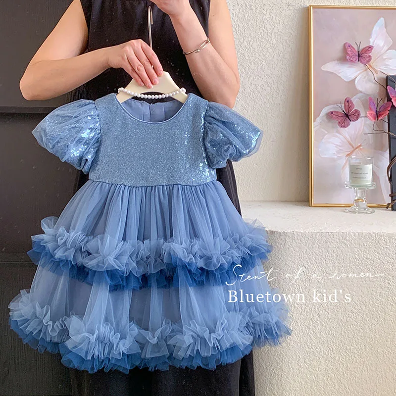 

Girls' Summer Dress New2025Little Girl Western Style Cute Puff Sleeve Gradient Mesh Puffy Cake Dress