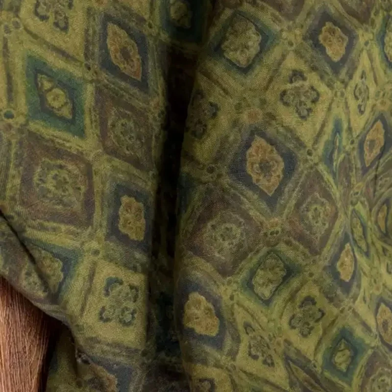 Boho Linen Cotton Fabric Olive Green Geometric Tile Medallion Vintage Lightweight for Summer Dress Skirt Sewing