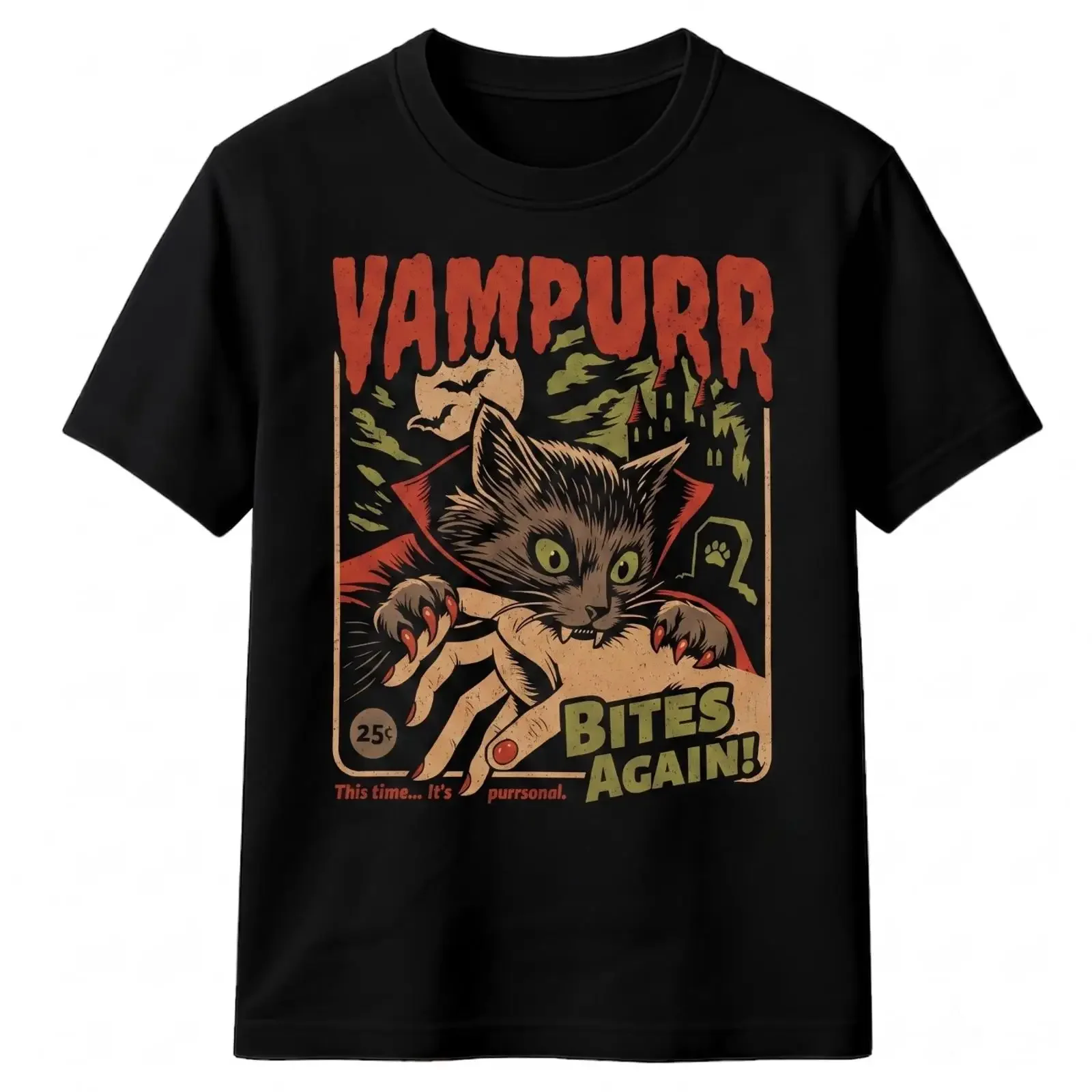Vampurr Cat Halloween T Shirt Retro Horror Funny Vampire  vintage Washed Breathable Unisex Stylish Top For Everyday Wear
