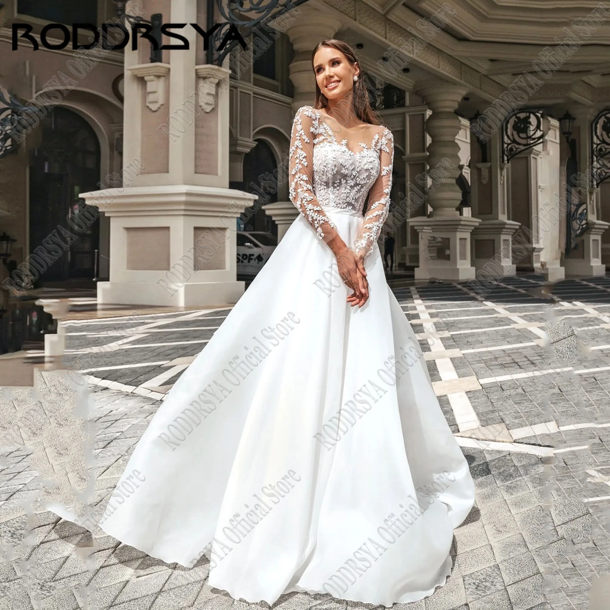 

RODDRSYA Customized Sparkly Luxury Wedding Dress Women Beading O Neck Long Sleeves Bride Gowns Corset A Line vestidos de novia