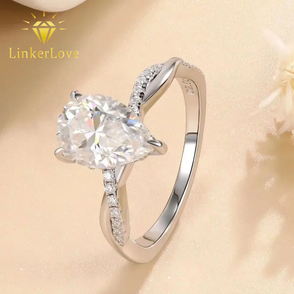 LinkerLove 2CT Teardrop Moissanite Engagement Ring 925 Silver Twisted Mbius Band Diamond Promise Ring for Women Wedding Jewelry