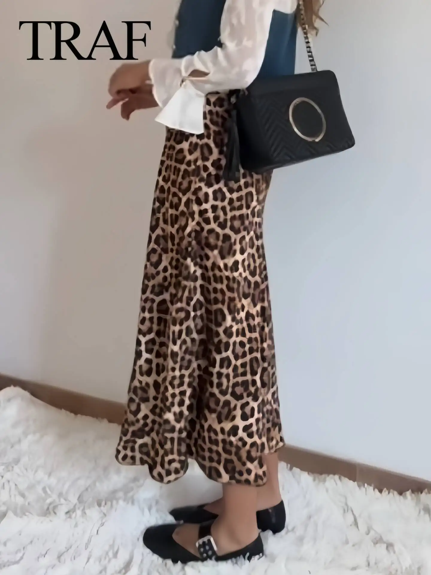 TRAF Summer Woman Fashion Vintage Casual Satin Leopard Print gonna lunga pieghe da donna a vita alta Lady Midi gonne Streetwear