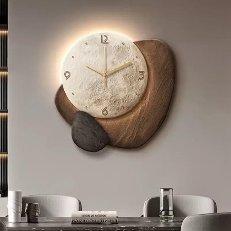 Modern Large Wall Clock Artistic Moon Surface Design LED Backlight Stone Texture Home Decor for Living Room Bedroom Silent