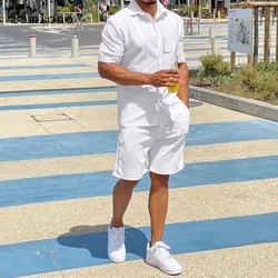 Plus Size 3xl Mens Casual Linen Two Piece Sets 2024 Single Breasted Tops Blouse and White Shorts Suit Male Beach Tracksuits Set