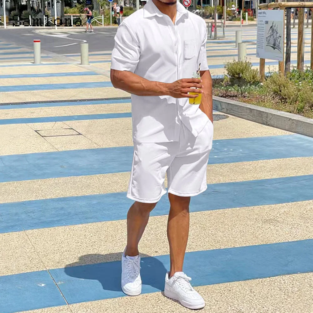 Plus Size 3xl Mens Casual Linen Two Piece Sets 2024 Single Breasted Tops Blouse and White Shorts Suit Male Beach Tracksuits Set