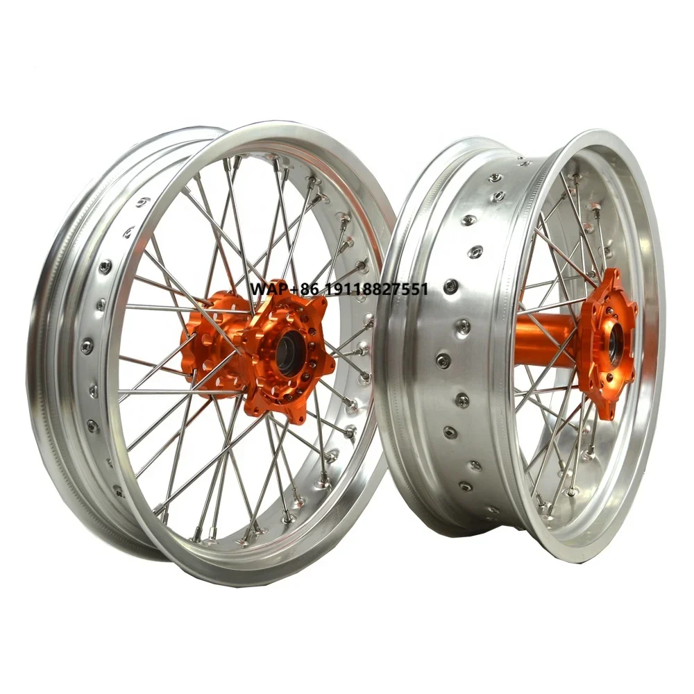 

CNC 17 Inch Silver Rim Orange Hub Super Motard Motorcycle Wheel Set for