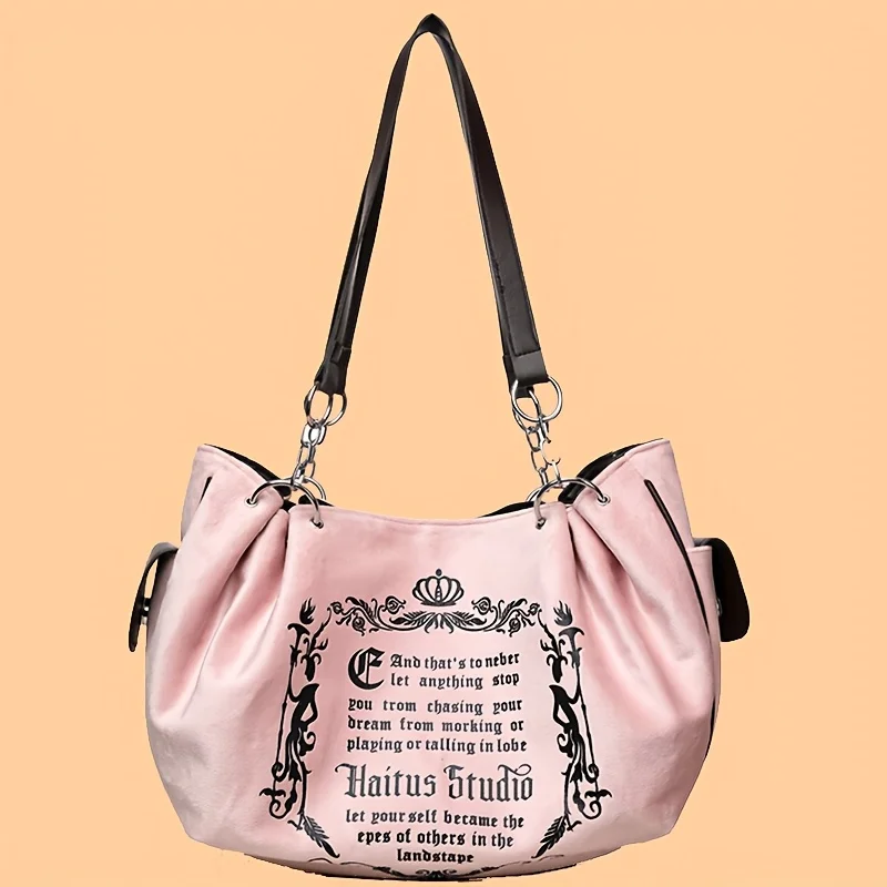 Damen-Handtasche aus Wildlederimitat mit Buchstabendruck, Retro-Einkaufstasche mit großem Fassungsvermögen für den täglichen Pendelverkehr und zum Tragen von Hand. Kürbistasche – Detail 7