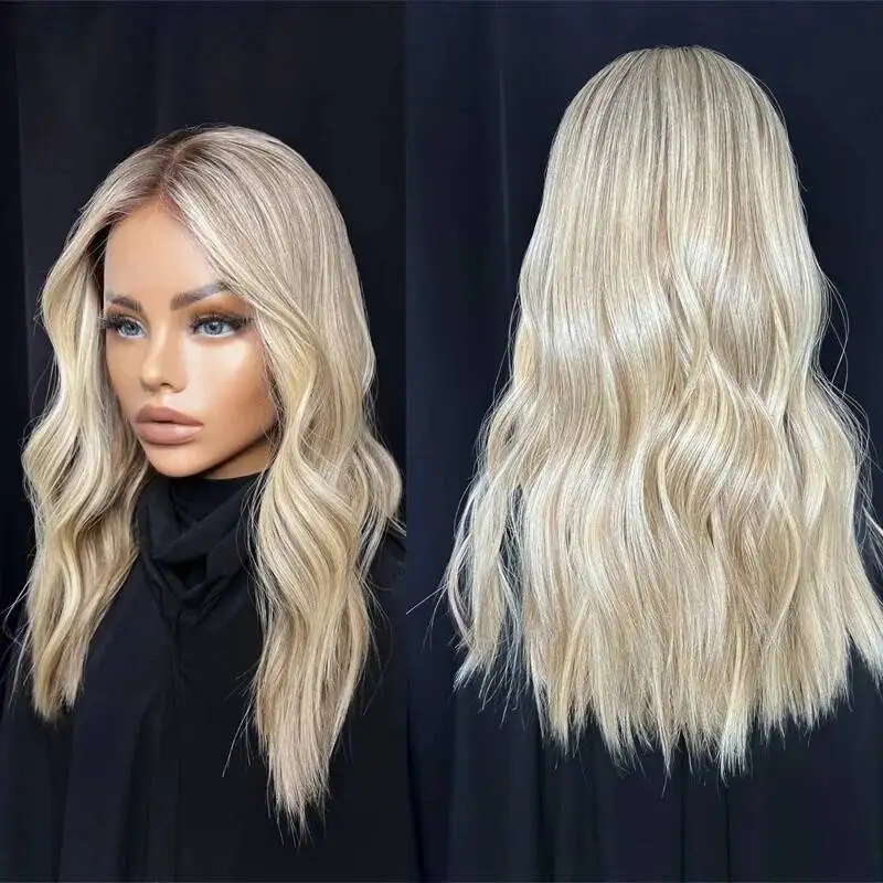 Brown Blonde Ombre Highlighted Synthetic Wig for Women Glueless Bouncy 13x4 Lace Front Dark Brown Rooted Cosplay Wig