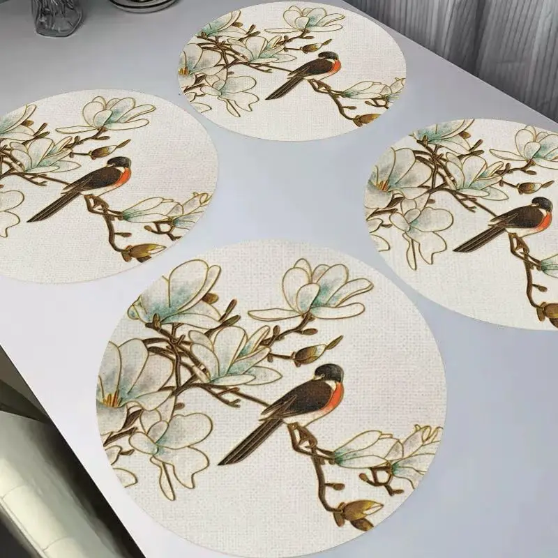 VIKAMA Retro Vintage Yellow Rose Flower Round Linen Table Mat Insulation, Washable, Wear resistant Table Mat Table Decoration