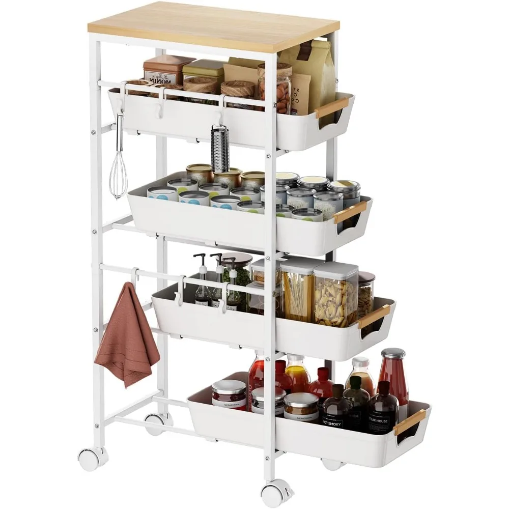 

5-Tier Slim Storage Cart, Wooden Top Rolling Kitchen Cart with Pull-Out Baskets & Wheels, Narrow Space Utility Cart Slide Out Or