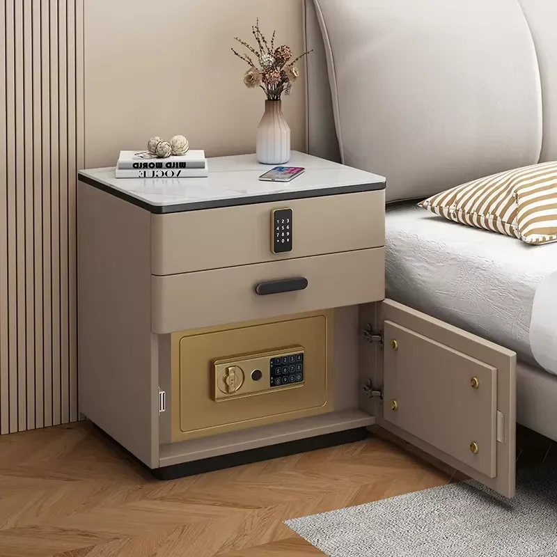 Safe Luxury Bedside Table With Lock Secret Compartment Glamour Metal Nightstands Designer Multifunctional Criado Mudo