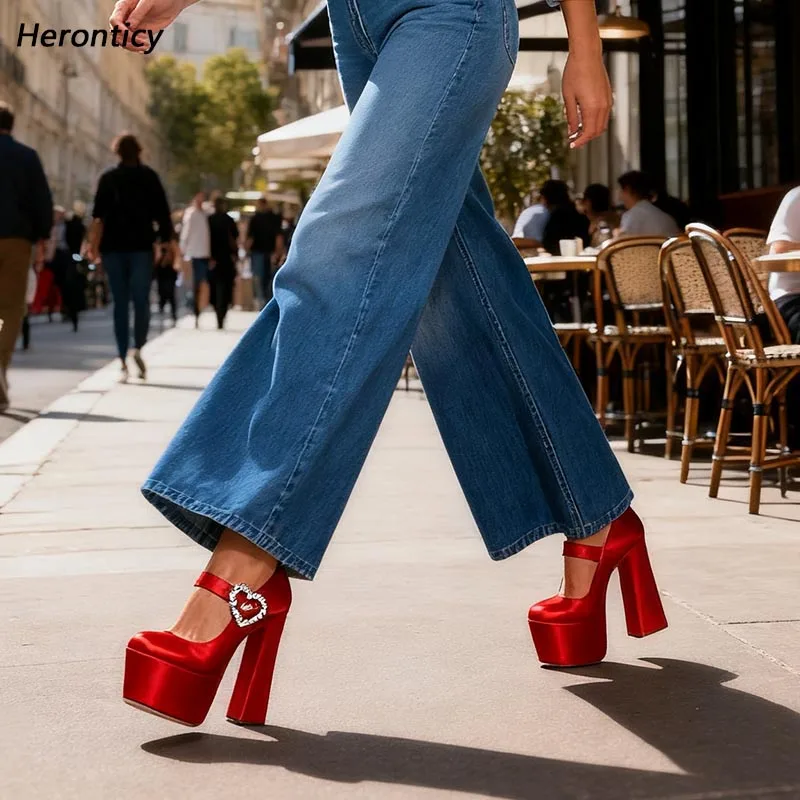 Heroncity Zapatos de Tacón de Plataforma Rojos de Terciopelo - Zapatos de Tacón Grueso con Hebilla de Corazón y Pedrería para Mujer, Estilo Casual Urbano, Tallas de EE. UU. 5-20