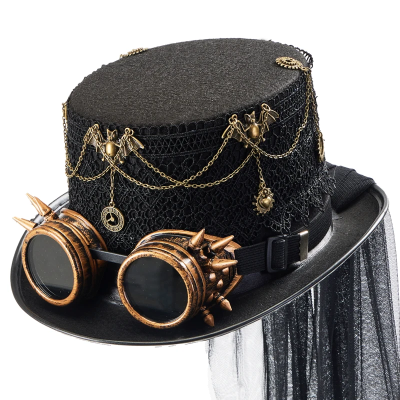 Steampunk cylinder z goglami czarne czerwone koronkowe koła zębate jazzowy kapelusz gotycka Fedora z welonem kostium imprezowy kapelusze