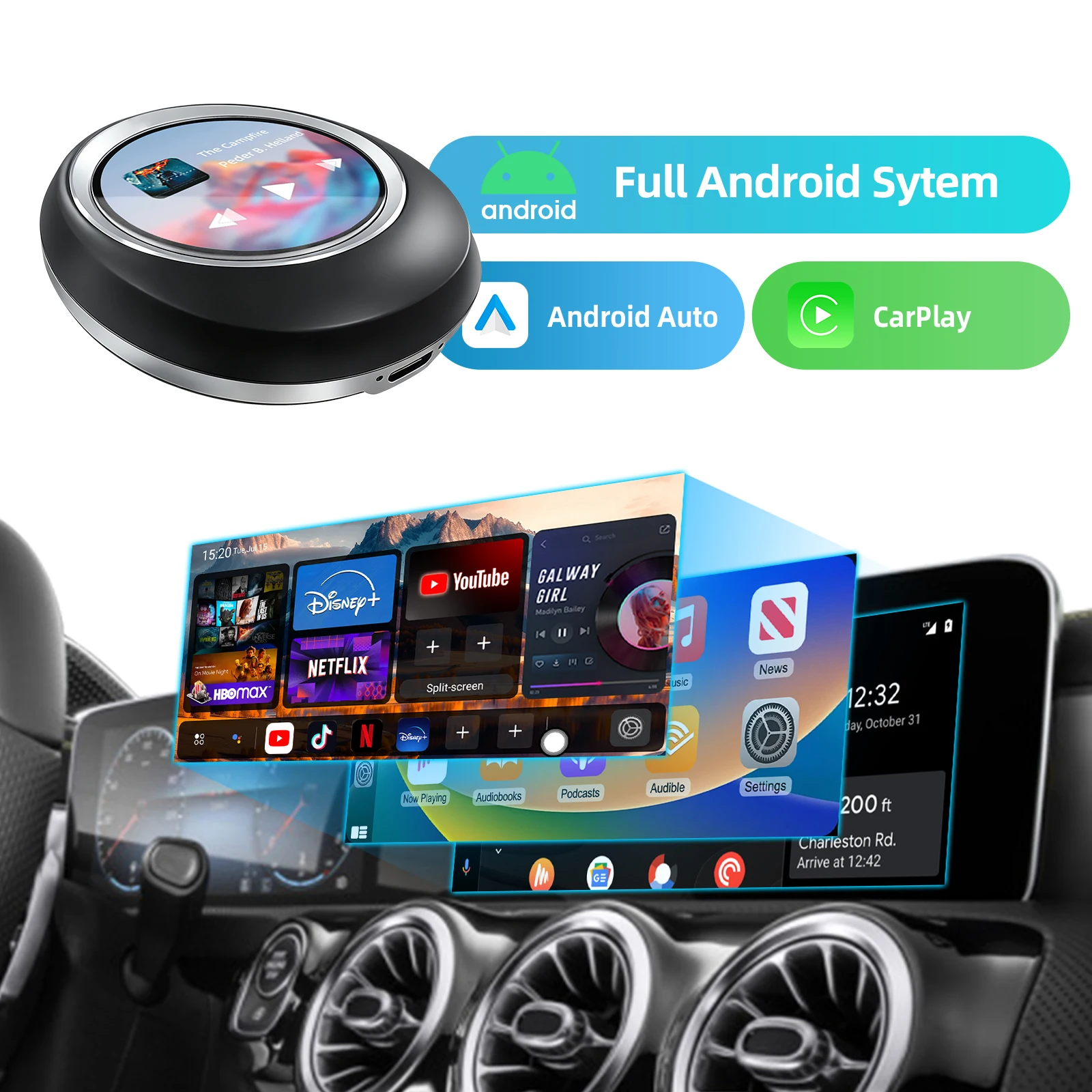 Android 13 CarPlay AI Box for Wired and Wireless CarPlay System, Compatible with BMW BENZ PORSCHE VW TOYOTA VOLVO JEEP, 8+128GB