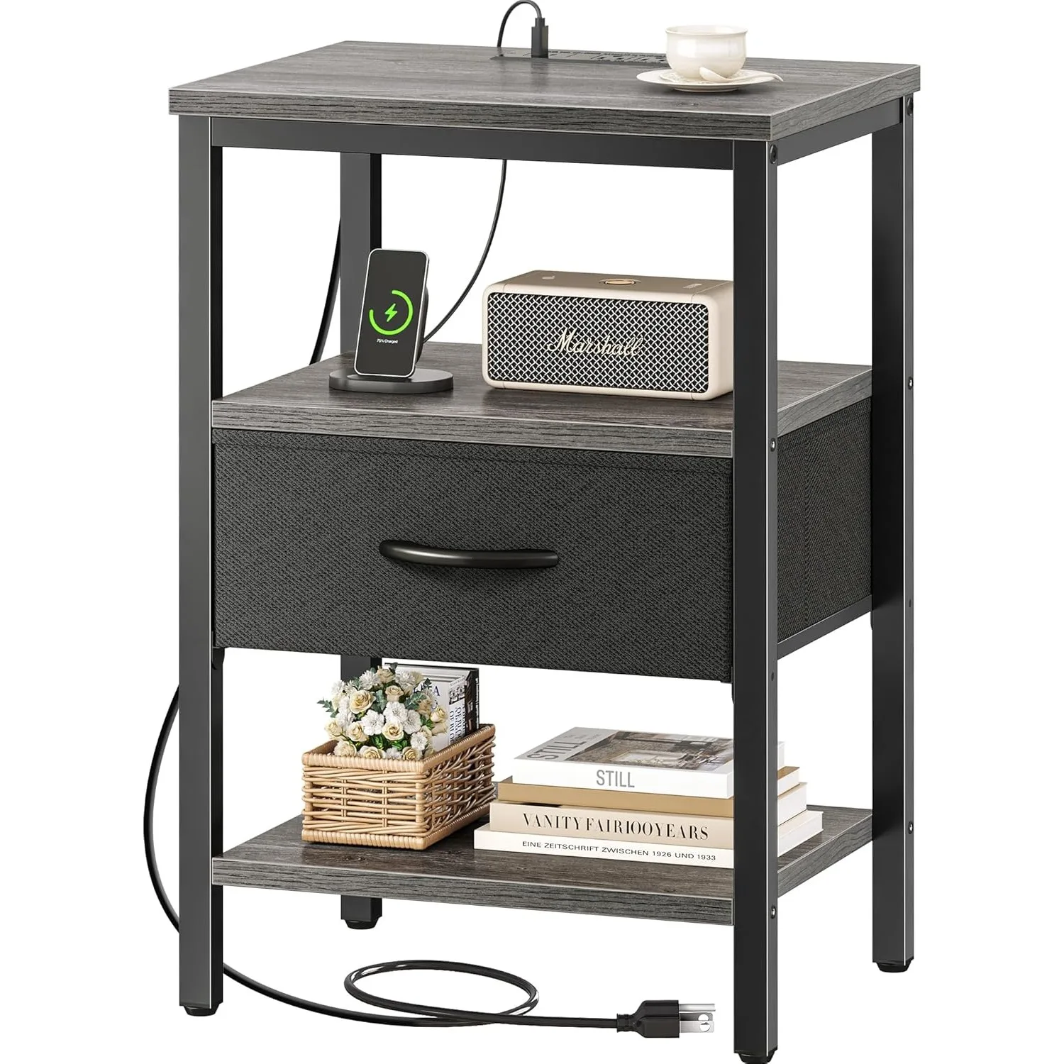 

Nightstand with Charging Station, Bed Side Table with Adjustable Fabric Drawer, Night Stand for Bedroom,3-Tier Storage End Table