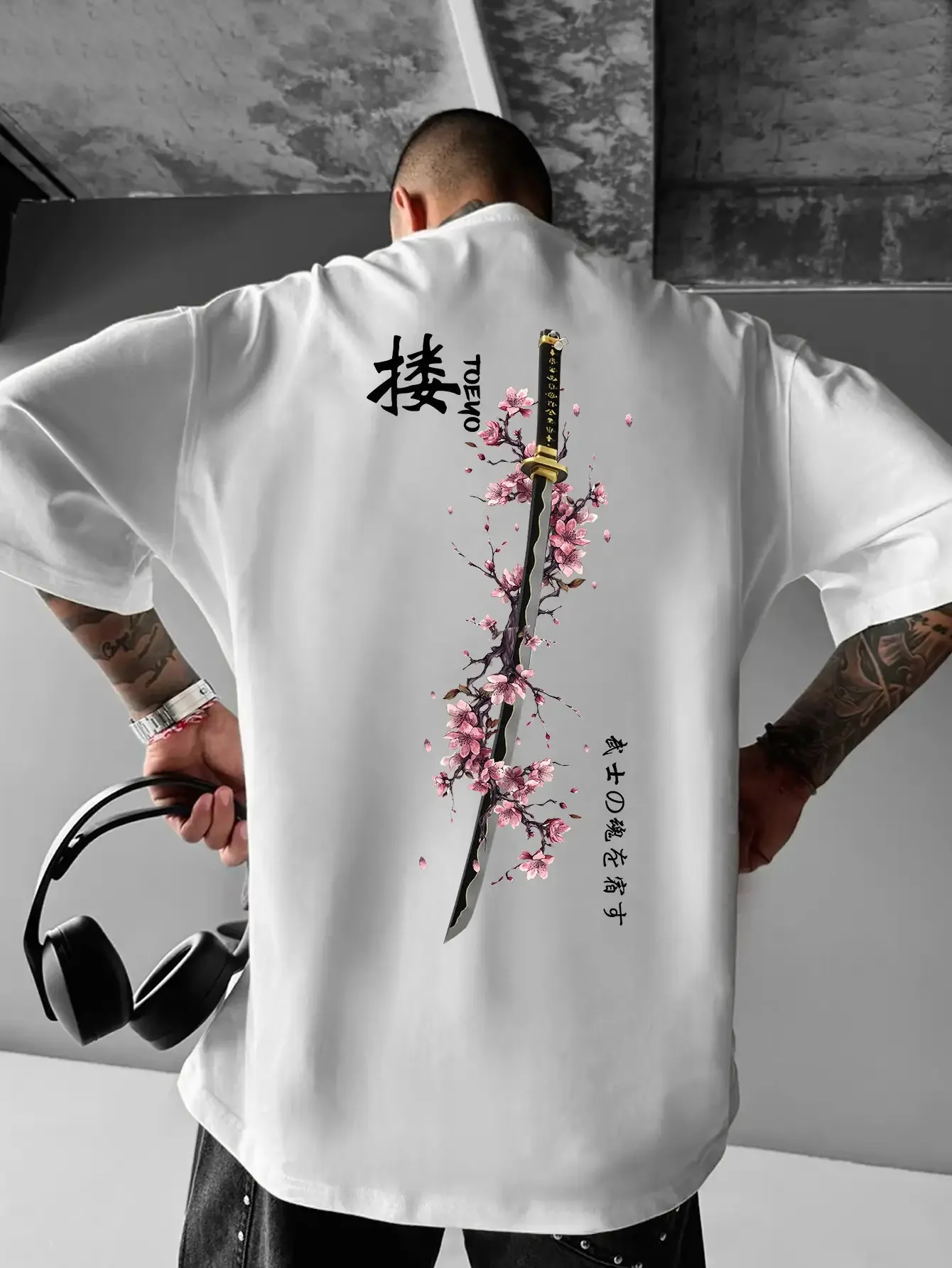 Sommer Herren Japanisches Samurai-Schwert Kirschblüten-Print T-Shirt 100% Baumwolle Rundhals Kurzarm Atmungsaktiv Locker Lässig