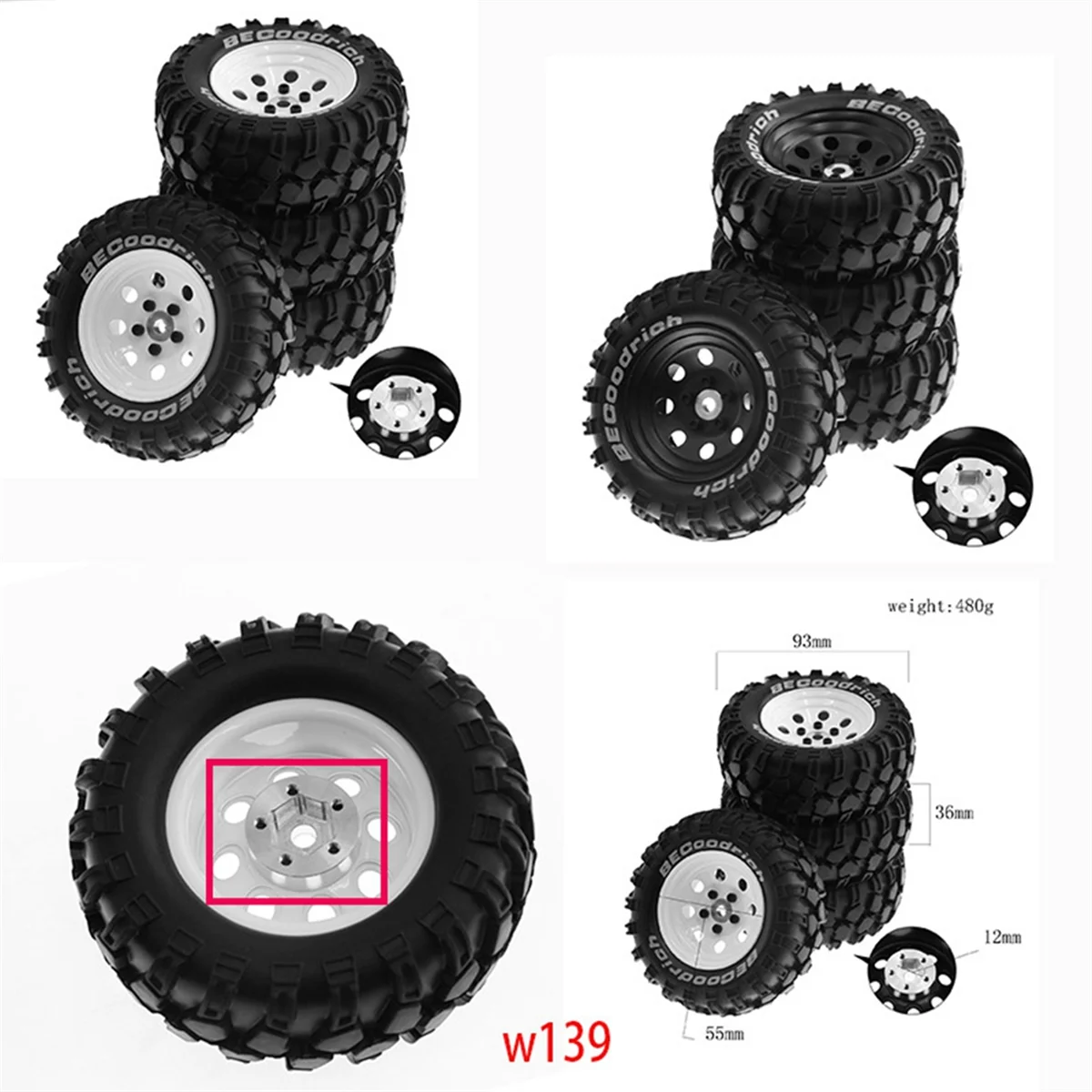 4Pcs 1.9 Inch Metal Wheel Rim Rubber Tire for 1/10 RC Crawler TRX4 SCX10 D90 4103 90046 FR4 FMS NT4-Black