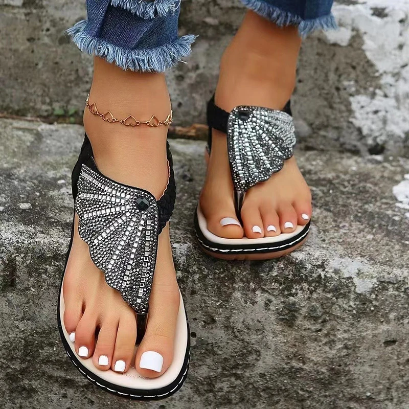 Summer 2023 Sandals Woman Fashioncomfortable Clip Toe Slippers Beach Bohemian Slides Women Flats Sandals Crystal Roman Shoes