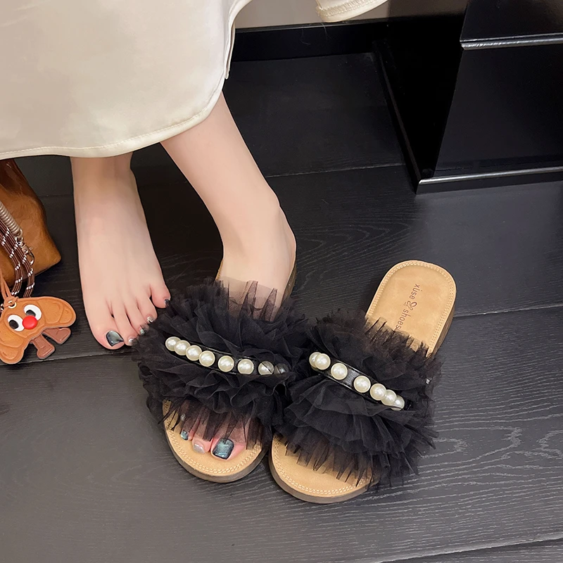 

Summer 2025 Women Slippers Shoes Mesh Lace String Bead Flats Outside Sandals Open Toe Beach Dress Flip Flop Slingback Slides
